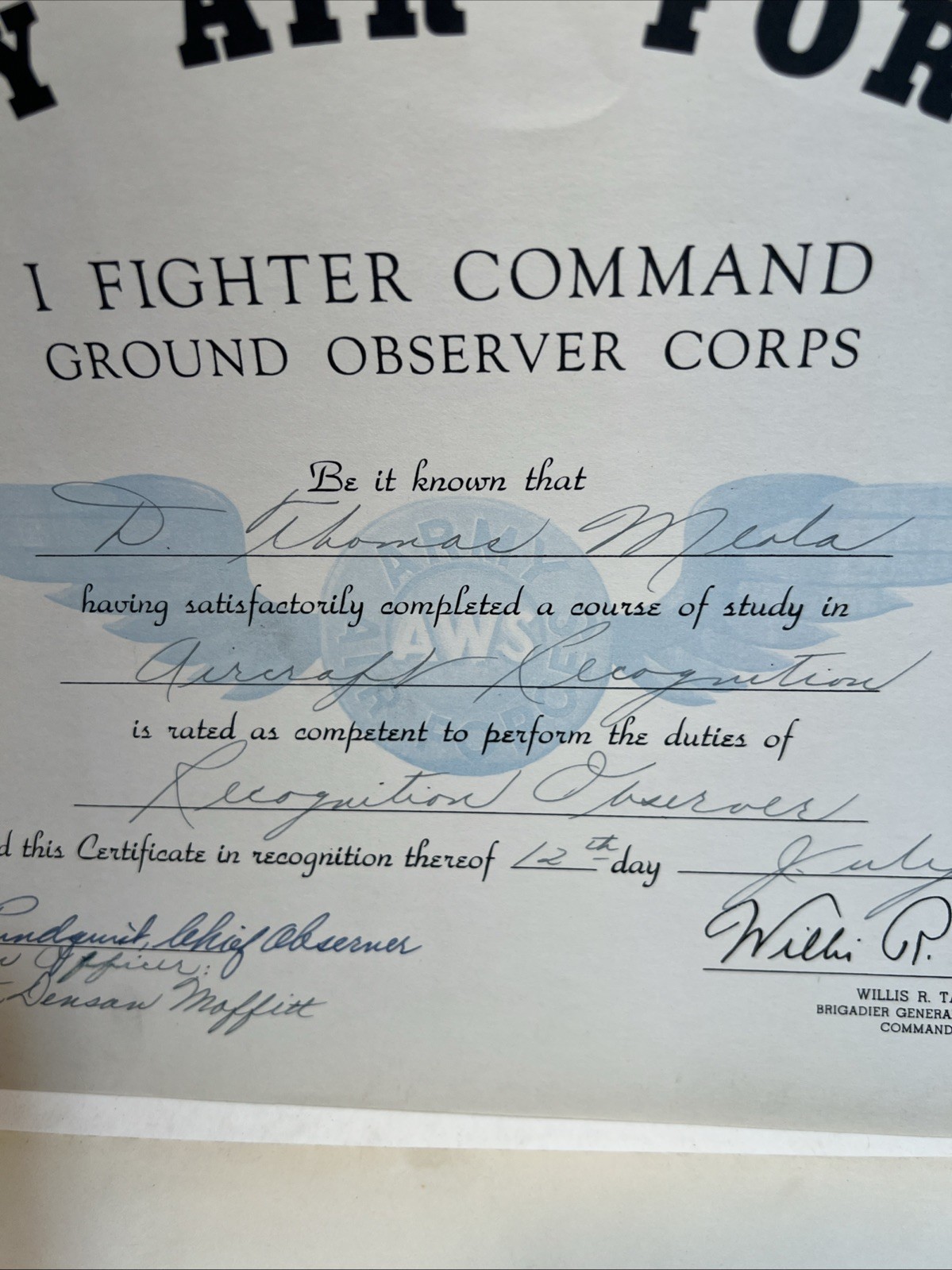 Original WWII 1943 Army Air Forces Ground Observer Corps Certificate Pair USAAF