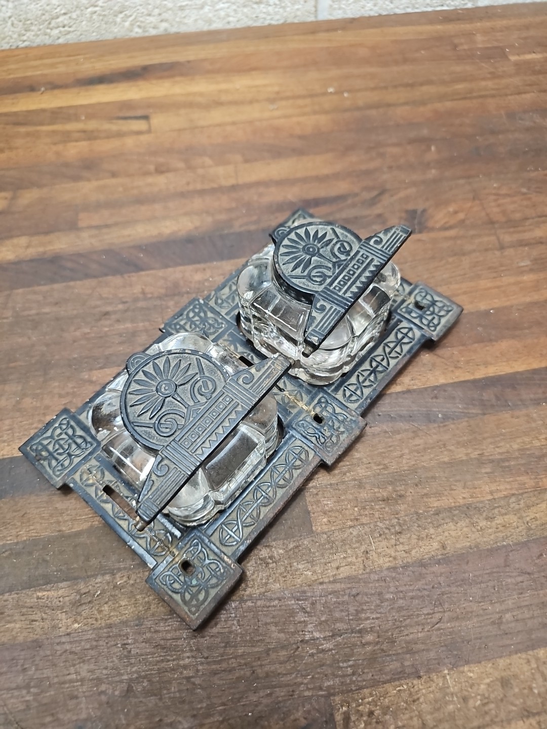 B34- Antique Victorian Cast Iron Double Inkstand with Inkwells incomplete 1800s