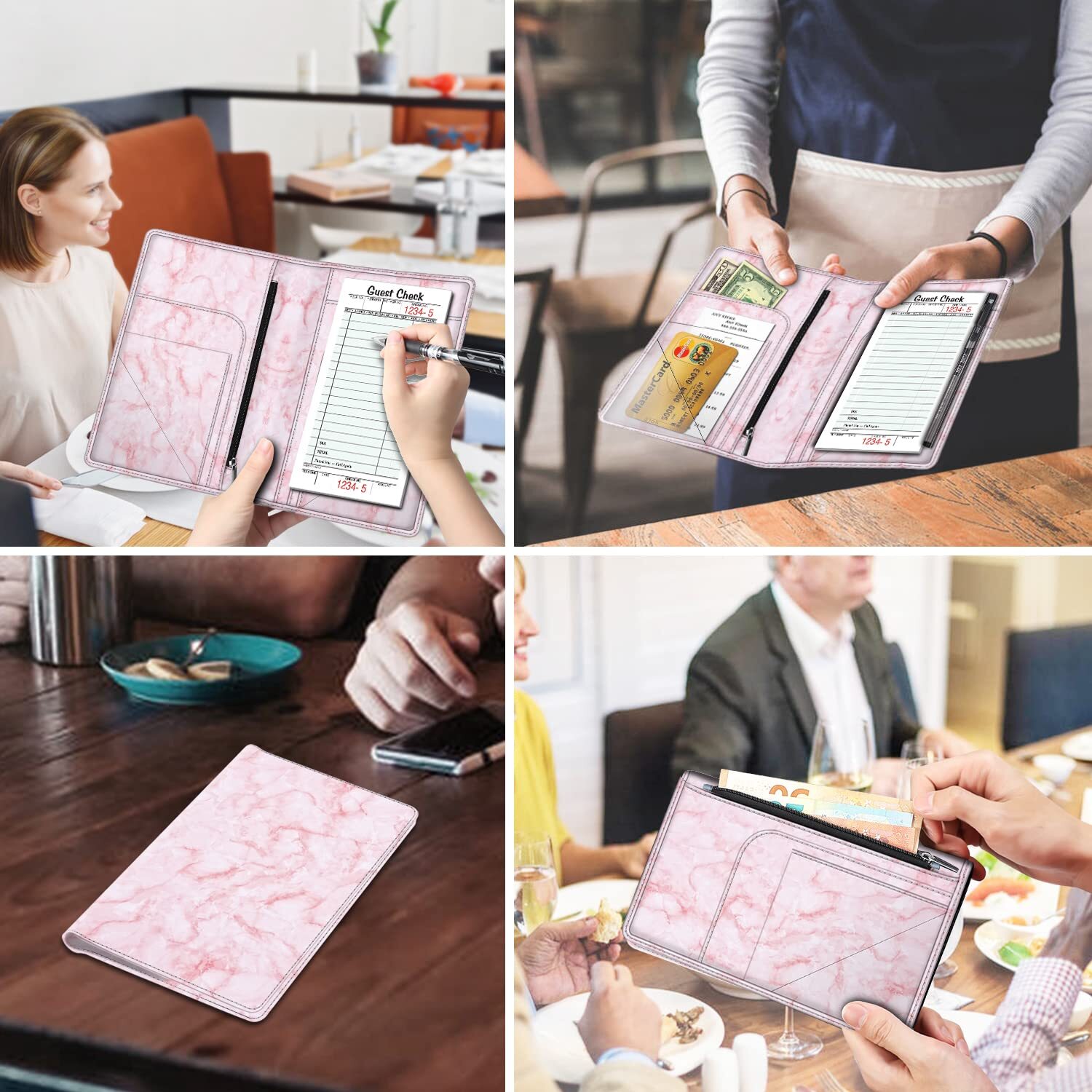 Server Book PU Leather Book Organizer Wallet Zipper Pocket for Waitress Waiters