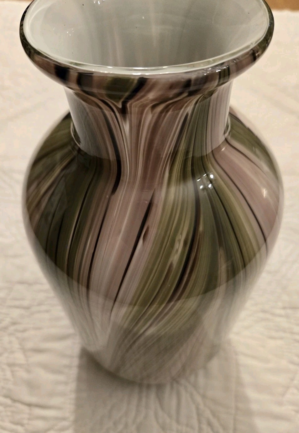Vintage Heavy Murano Glass Vase Stripes Swirls 12" Hand Blown Green Purple 60s ?