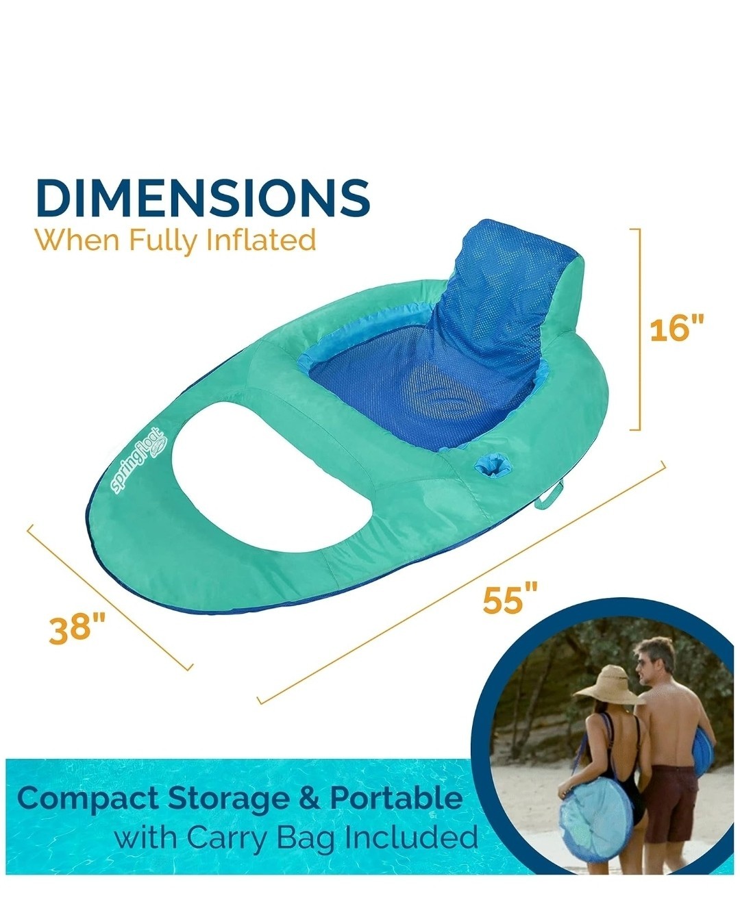 SwimWays Spring Float Recliner Pool Lounge Chair Hyper-Flate Valve Aqua 55”x38”