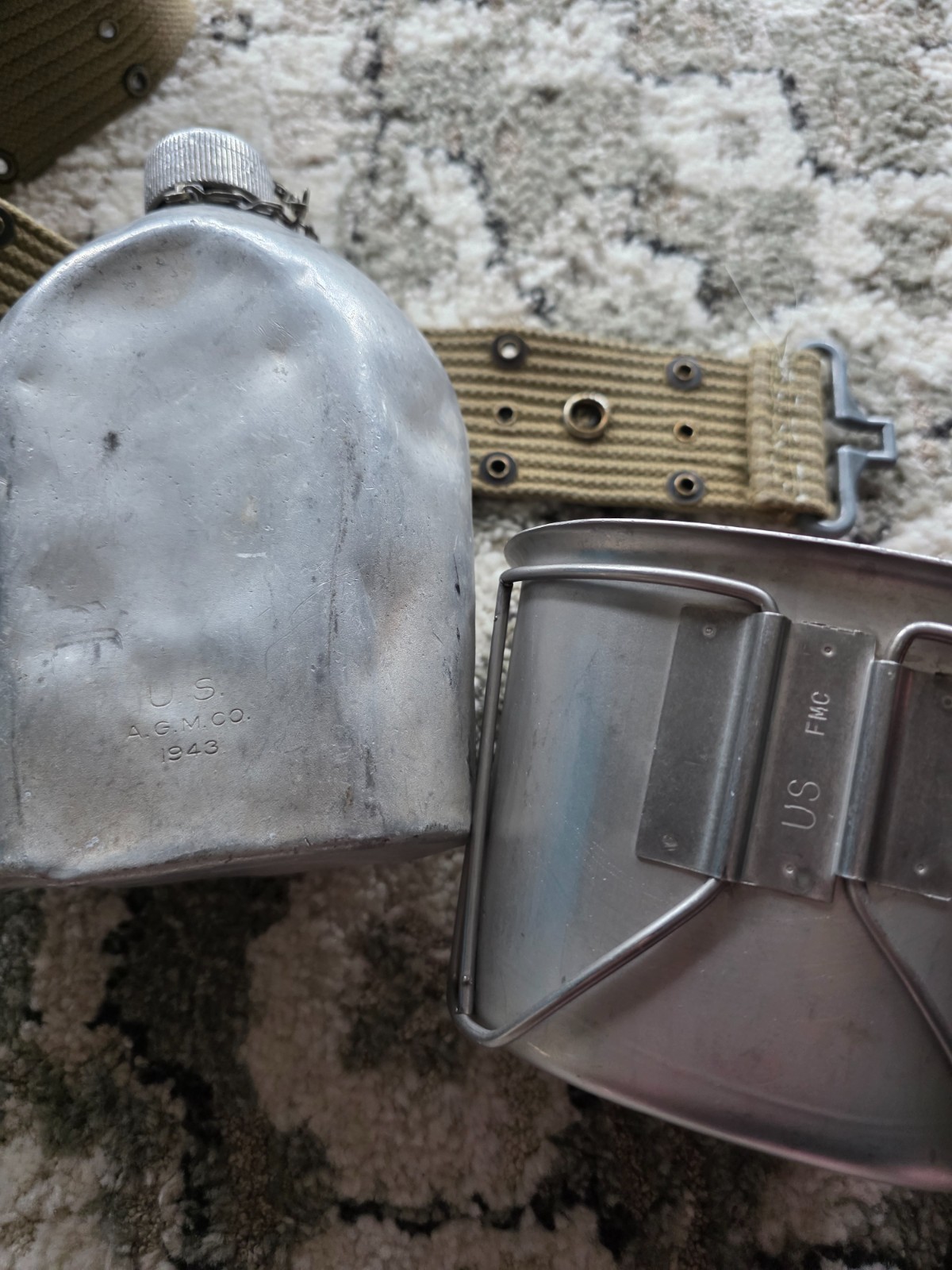 WWII era field gear lot .45 leather pistol holster canteen cover belt etc