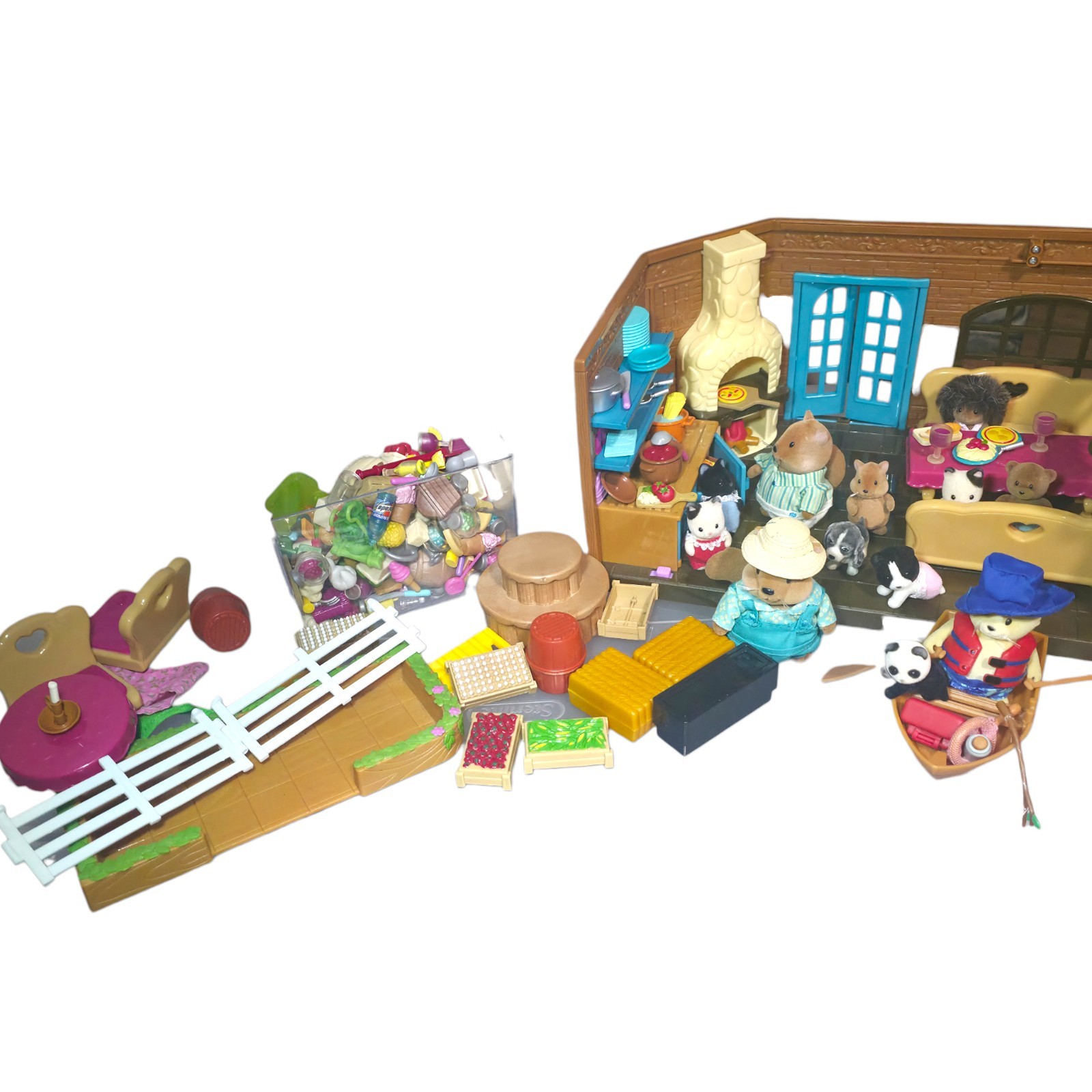 Lil Woodzeez Restaurant Boating Playset Bundle 14 Critters Food Groceries & More