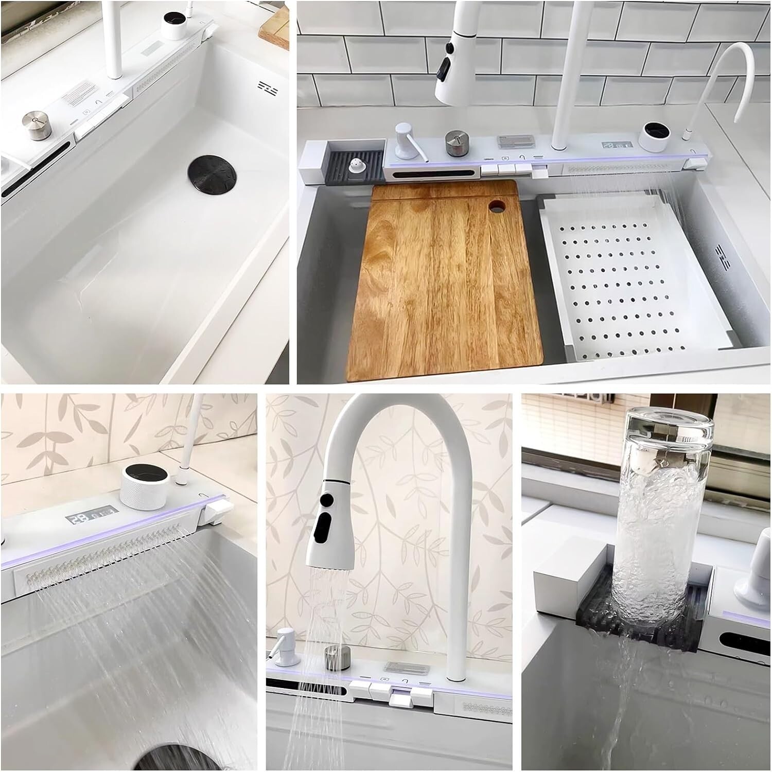 White Flying Rain Waterfall Kitchen Sink Integrated w Pull-Out Tap Set 29.5 INCH