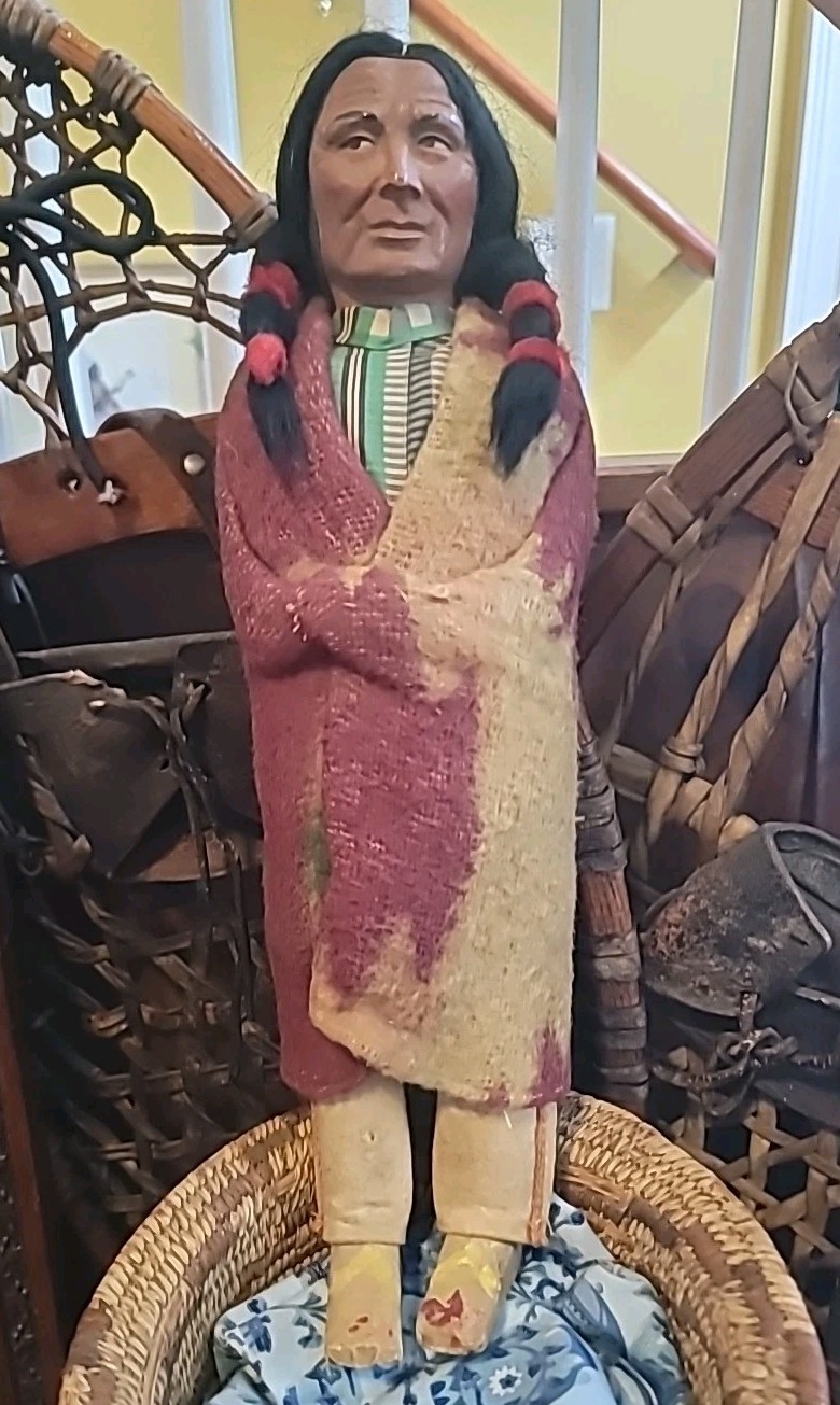 Antique Skookum Doll Early Paint Face Wool Straw Stuffed Mohair Wood Legs 15 1/2