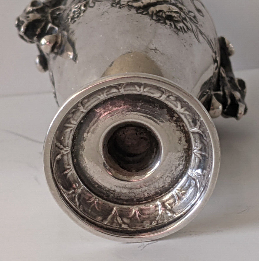 c.1900 Antique German Kaser & Walter 800 Silver Cabinet Vase. Applied Ram Skulls