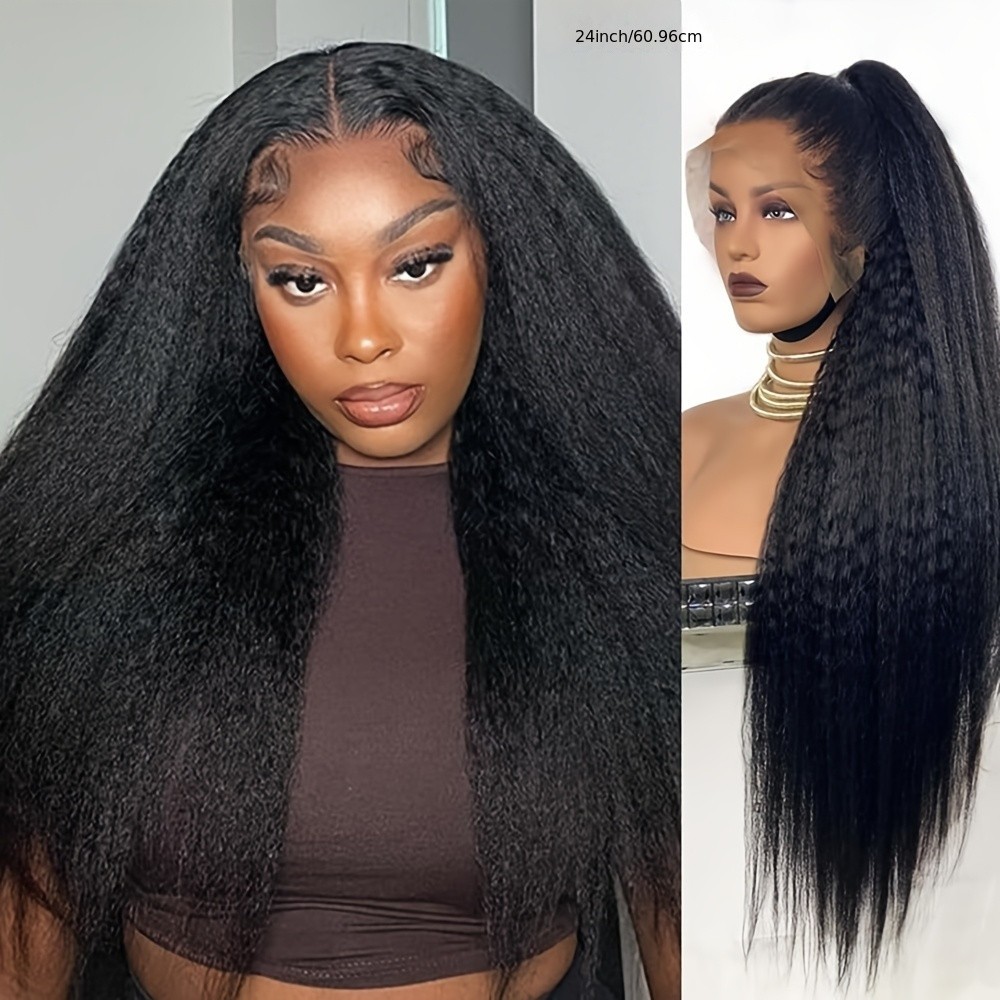 Long Natural Black Yaki Straight Lace Front Wigs Pre Plucked for Women Daily Use