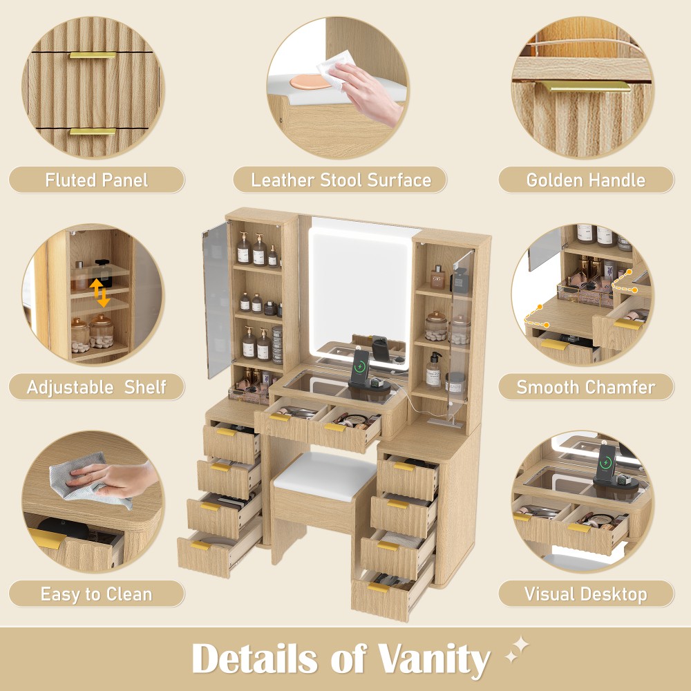 Cosmetic dresser with mirror, 10 drawers, stool, and charging station