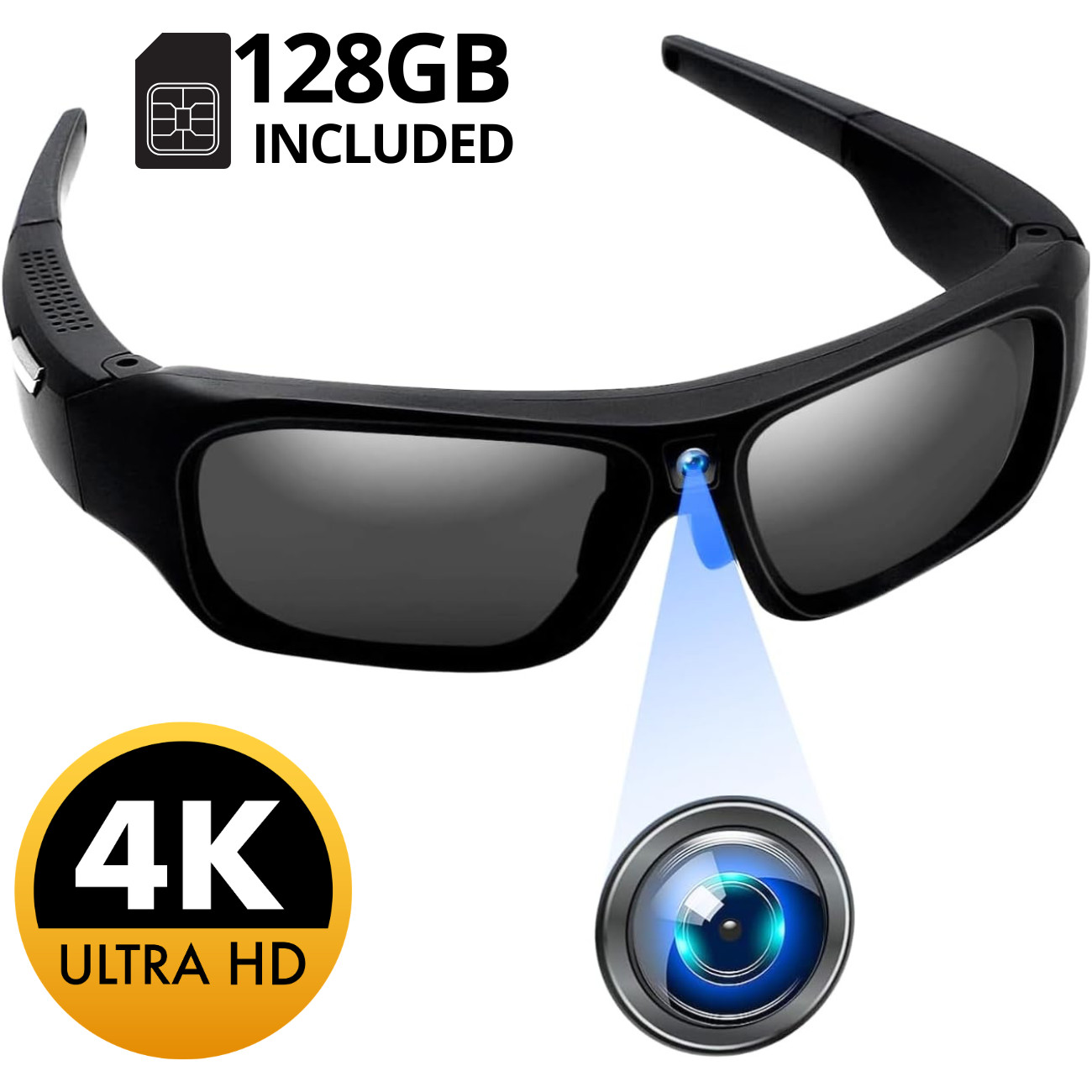 4k Camera Glasses for Action Sports, HD Video Recording Glasses with 128GB