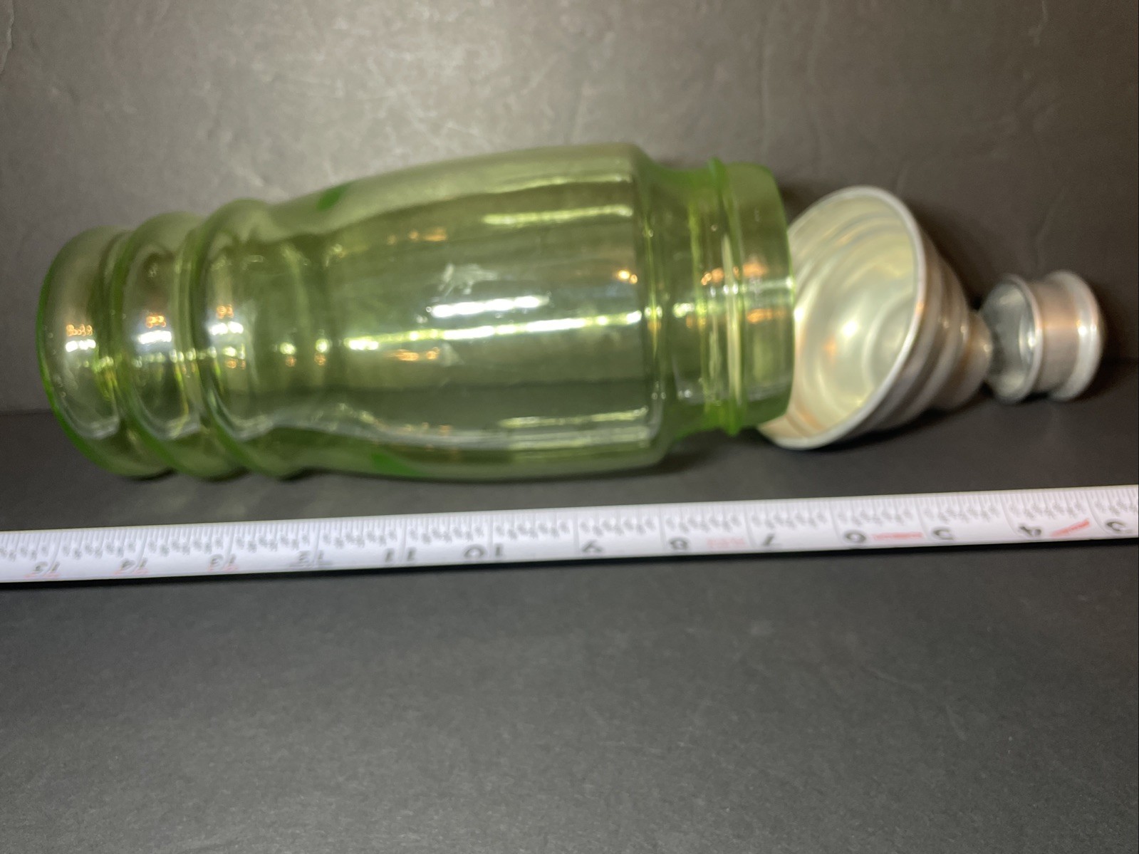 Vintage Green Uranium Glass Martini/Cocktail Shaker With Lids 11 Inches