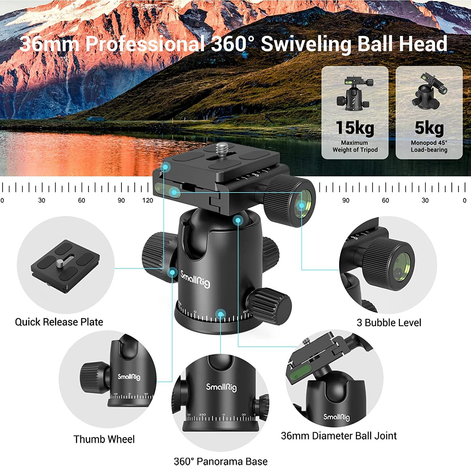 SmallRig 72" Camera Tripod Monopod with 36mm 360° Metal Ball Head 16-72 inches