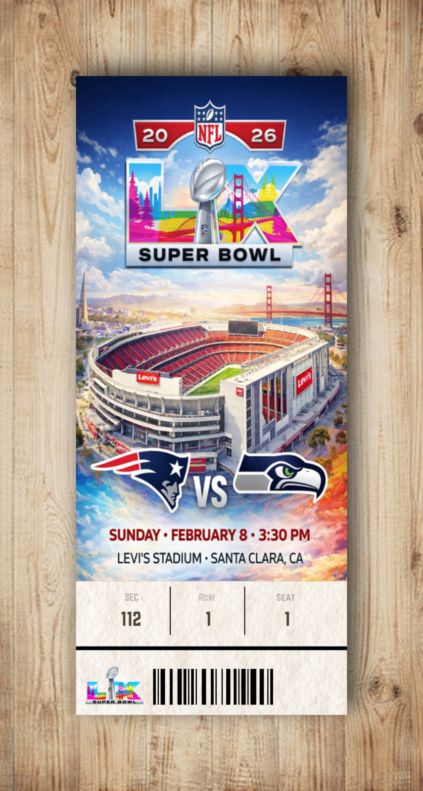 SEATTLE SEAHAWKS VS NE PATRIOTS SUPERBOWL LX 2026 commemorative ticket any seat