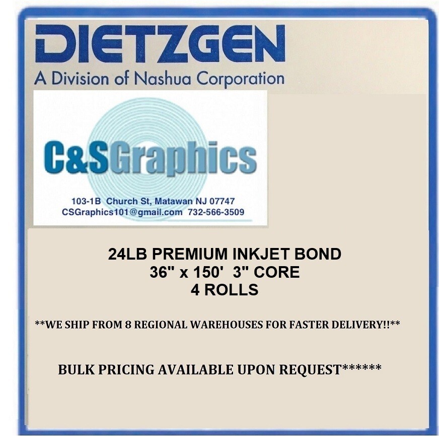 24lb Ink Jet Bond 36" x 150' 3" Core 4 Rolls PLOTTER PAPER