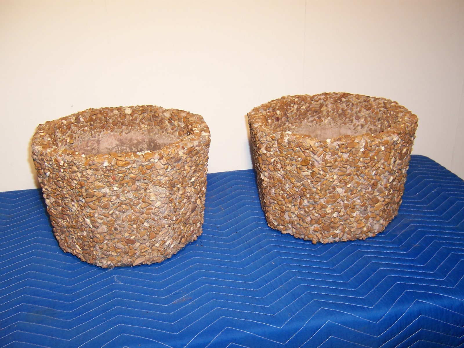 Pair Vintage Exposed Aggregate Octagon Stone Rock Concrete Garden Planters Urns