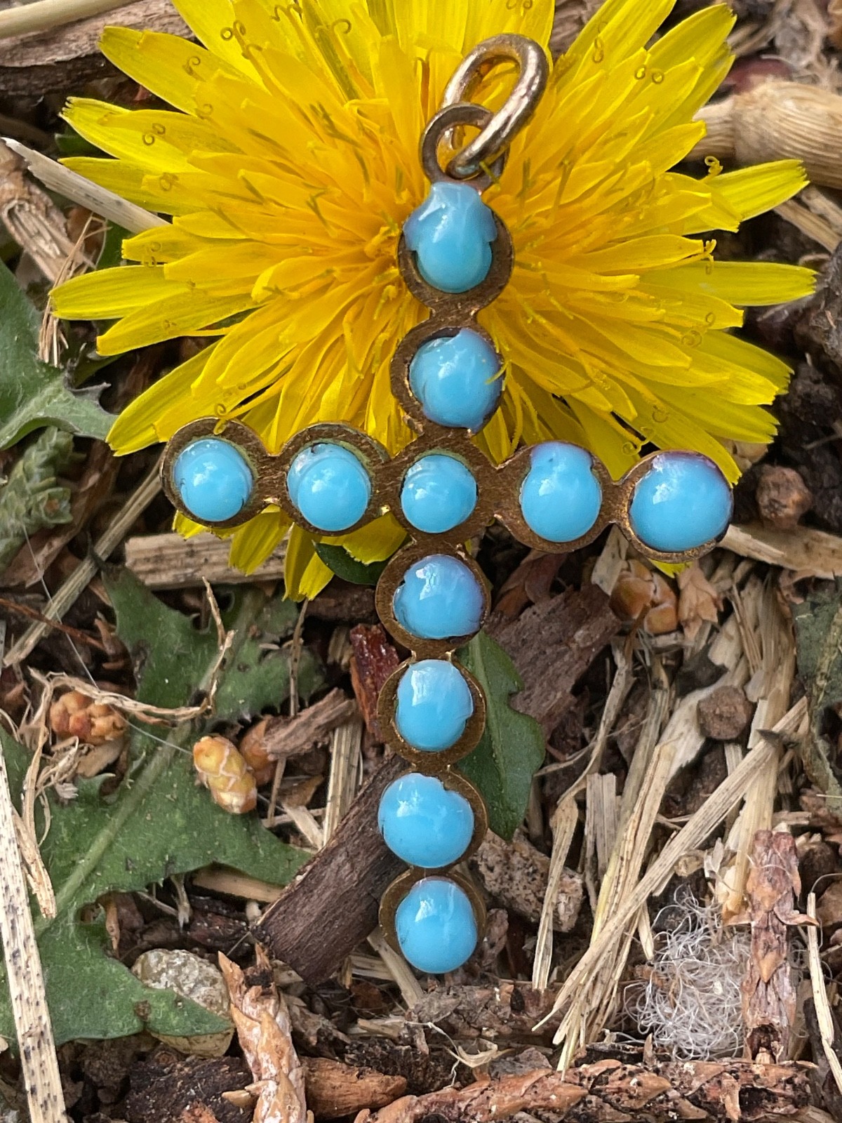 French Antq. Silver~Gold Plate~Sky Blue Glass Enameled Drops Cross~Tres Chic
