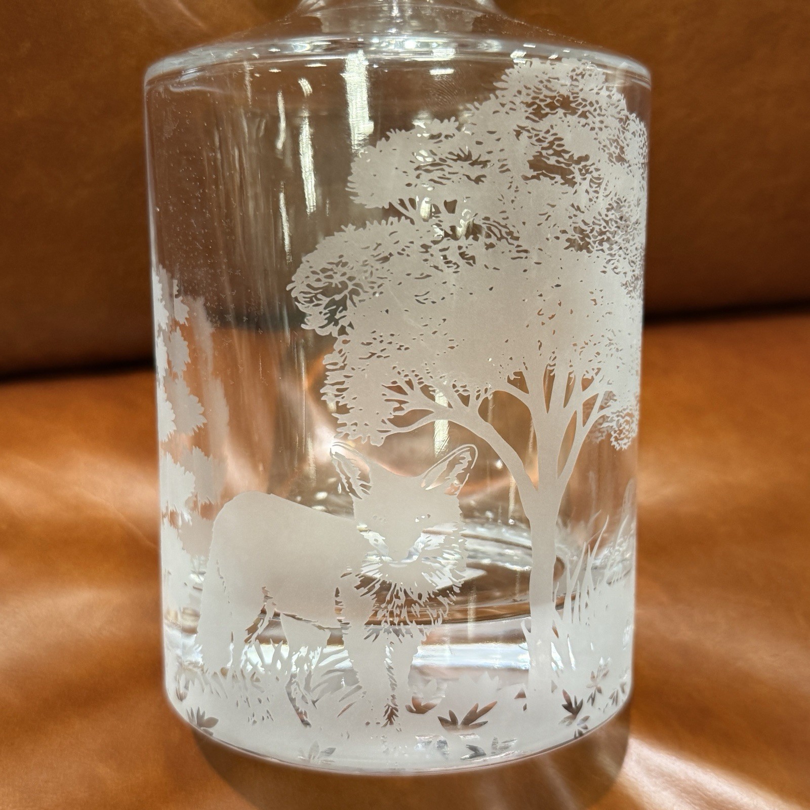 POTTERY BARN Fantastical Forest Glass Decanter 4.5" X 10" ~ BEAR, FOX, QUAIL