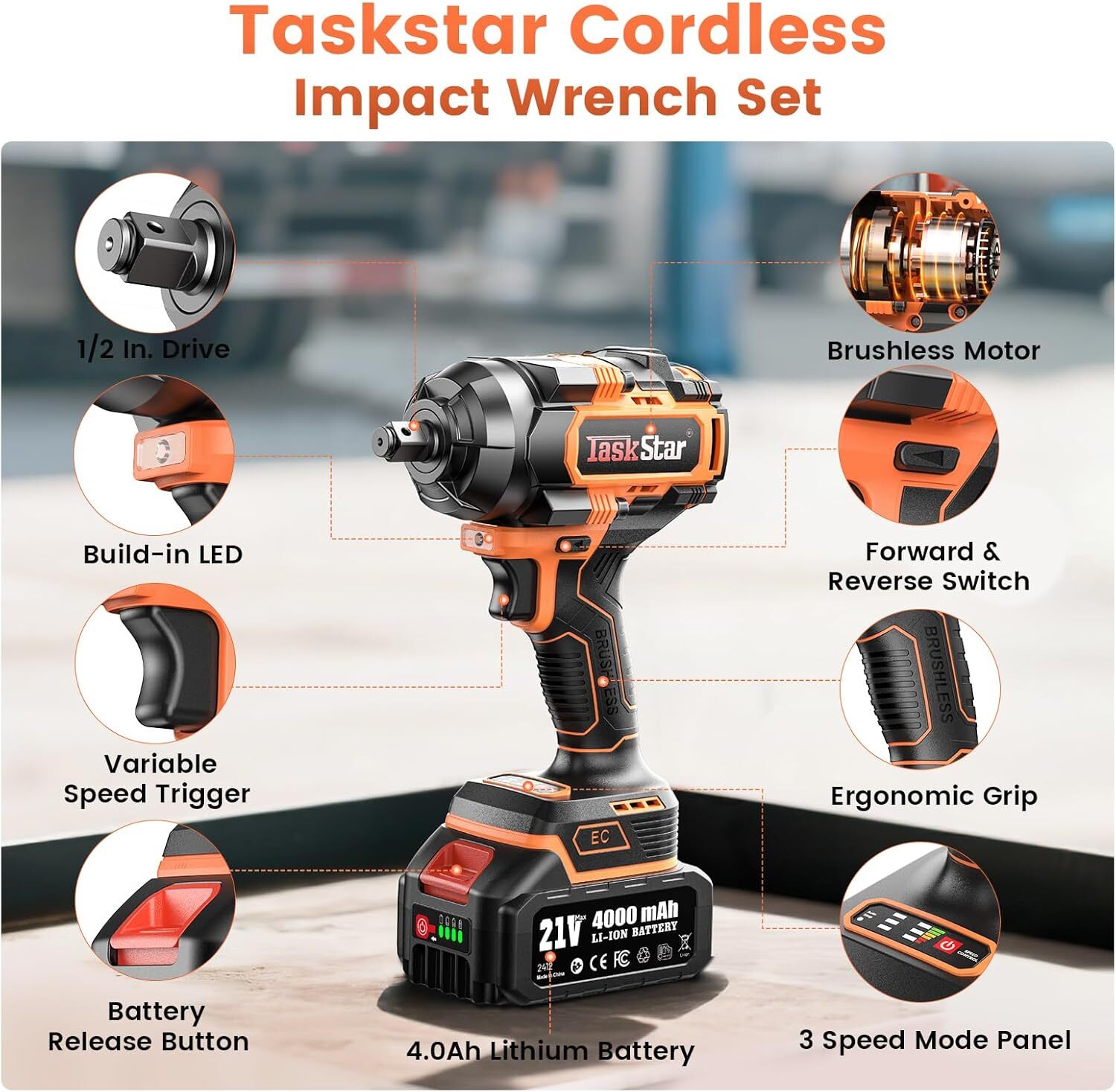 TaskStar Cordless Impact Wrench 1/2“, 1110 Ft-lbs(1500 N.m) 2 * 4.0 Ah Battery