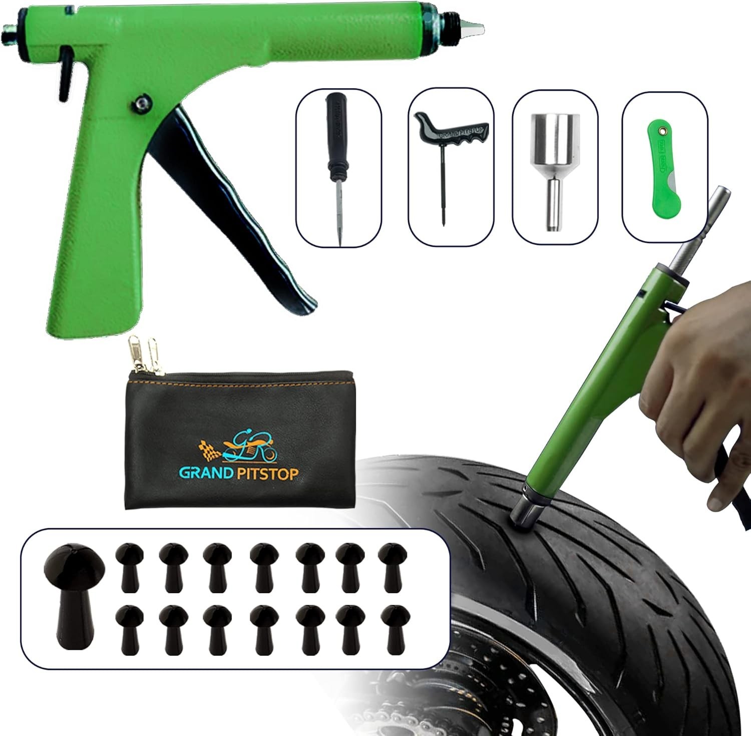 GRAND PITSTOP Tubeless Tire Gun Puncture Repair Kit with Mushroom Plug for Tyre