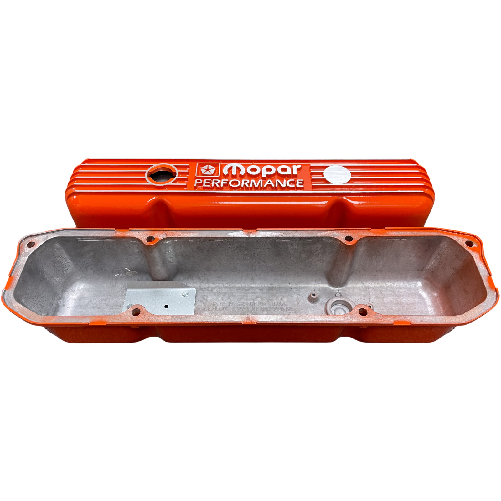NOS Mopar 383 400 440 ORANGE Die-Cast Aluminum Valve Covers W/ Logo Breathers