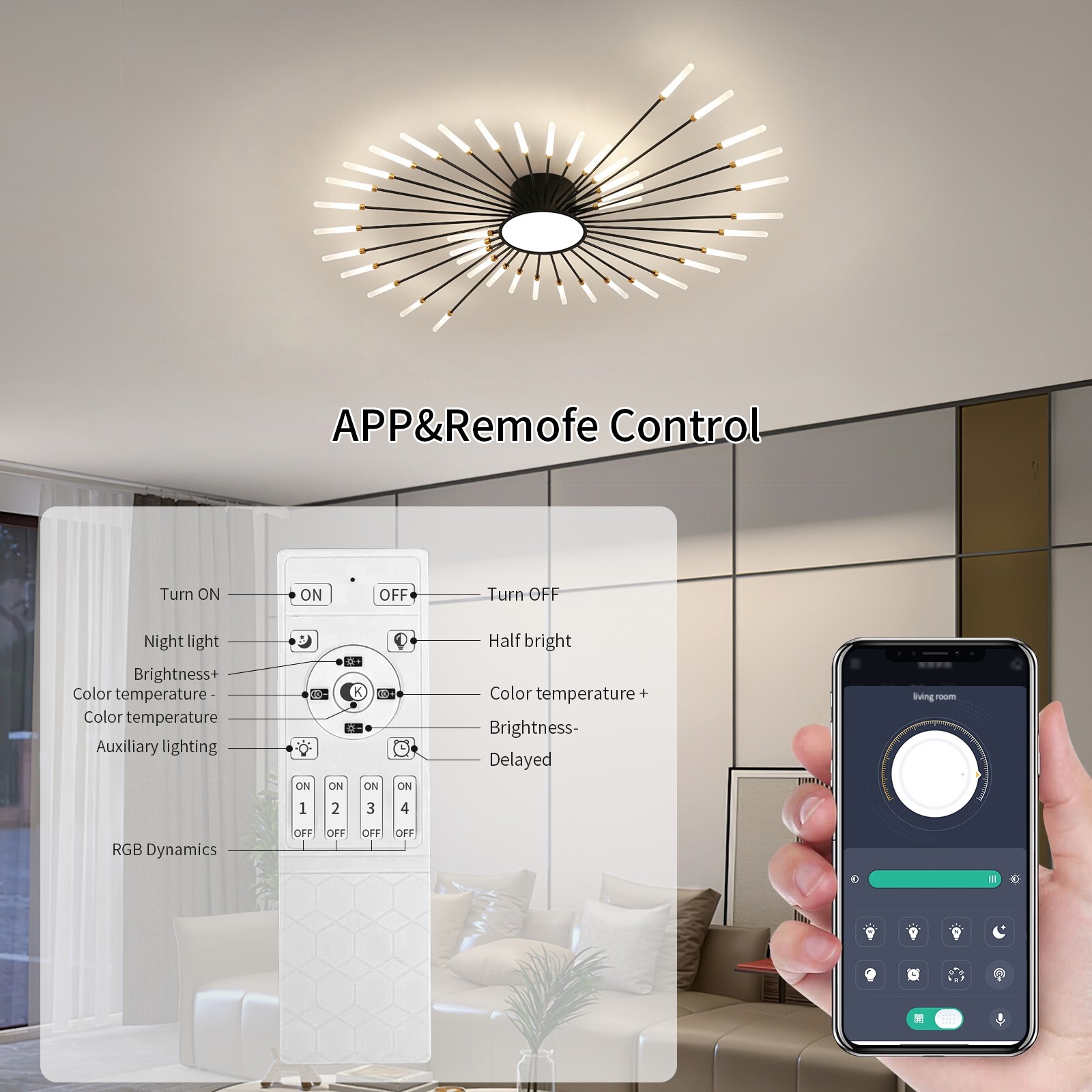 42-Light Fireworks Ceiling Light Modern LED Flush Mount Dimmable APP Remote