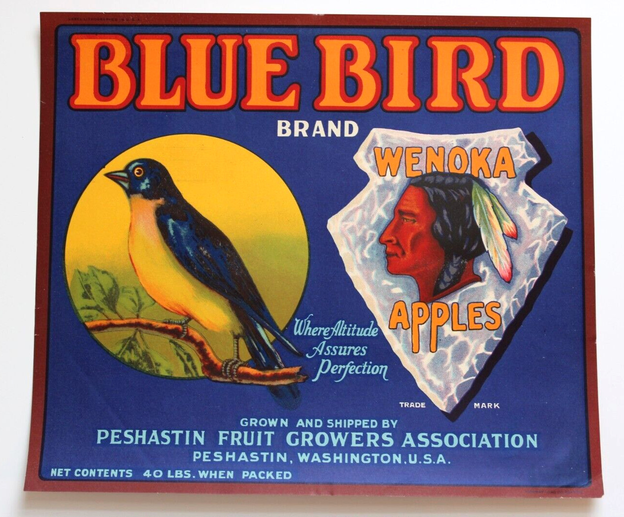 Original BLUE BIRD apple crate label Peshastin Fruit Growers Assn Wenoka