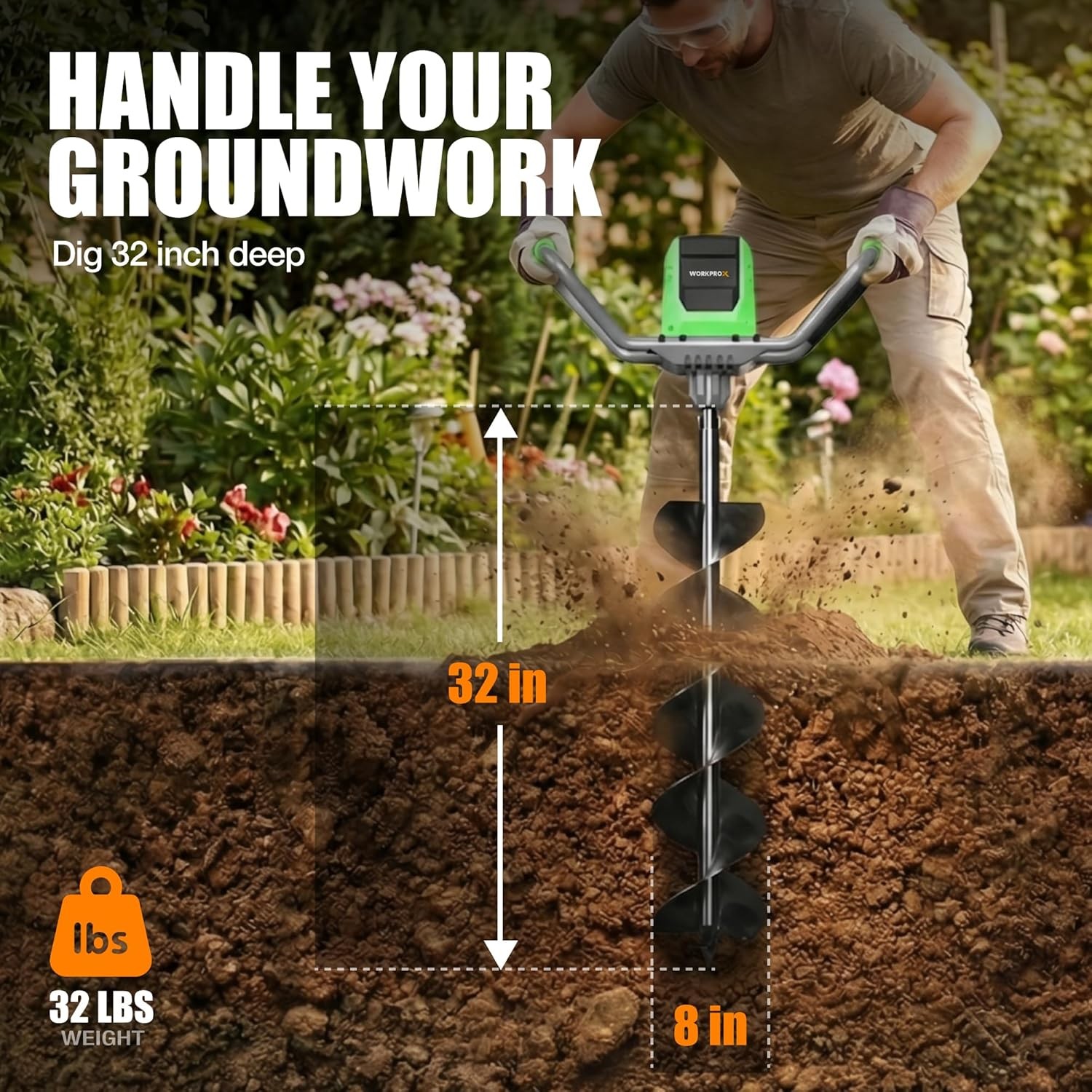 WORKPROX 40V Auger Post Hole Digger, 8" Electric Auger 2-Speeds Reverse Function