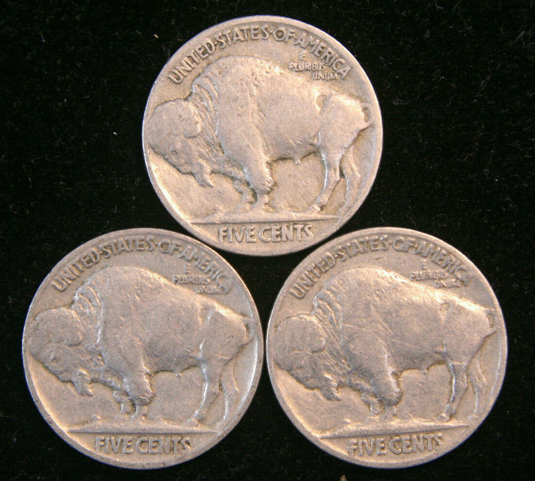 Lot of 3 Buffalo / Indian Head Nickel Coins with Full Dates, US Coins!