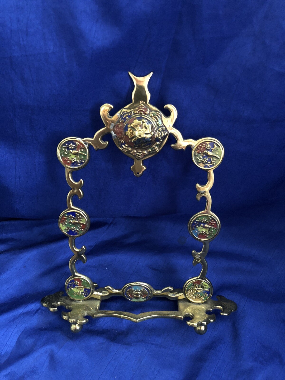 Vintage Antique Chinese Cloisonné Brass Gong Temple Bell Frame (No Bell) Symbols