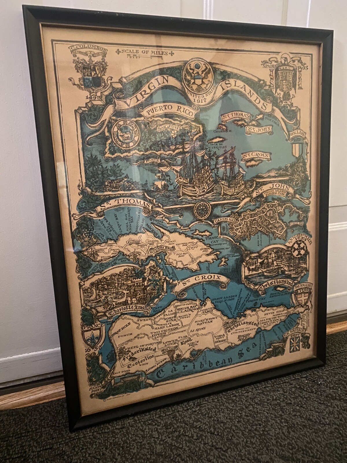 22"x17" VIRGIN ISLANDS Framed Map - 1966 USA mid-century LITHO