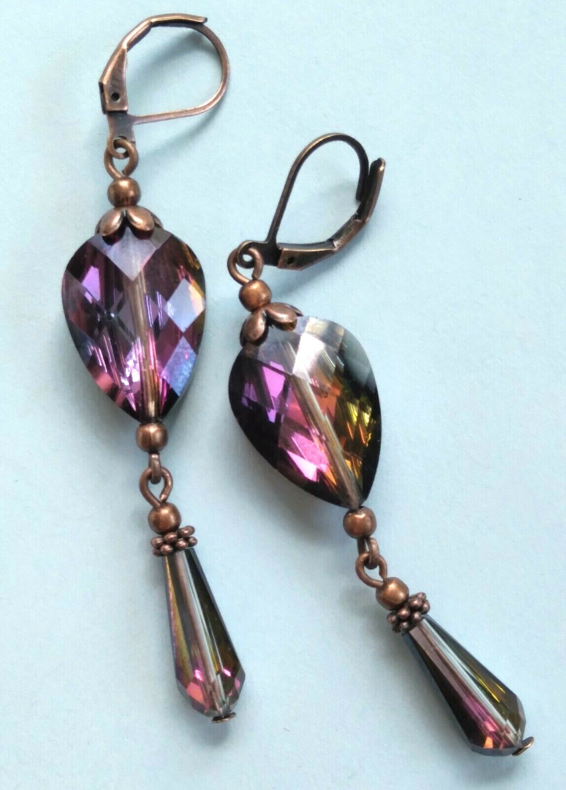 colorized BURGUNDY BLACK dangle crystal earring COPPER LEVERBACK handmade XCBA