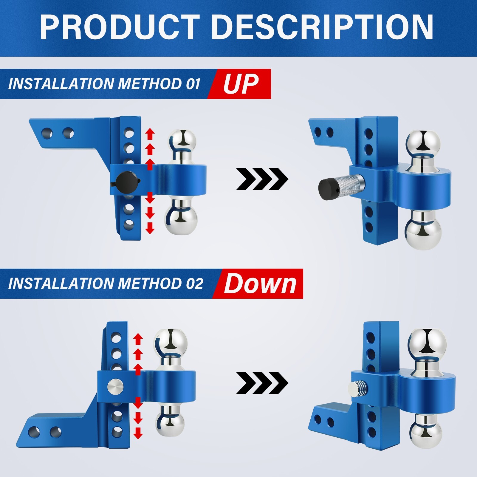 Adjustable Aluminum Trailer Hitch Mount 2"&2-5/16" Dual Ball 2 Locks 10Klb Blue