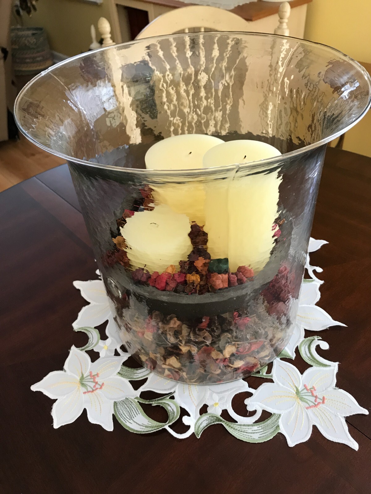 Doily Boutique Table Runner, Doily, Mantel Scarf with White Easter Lily Flowers