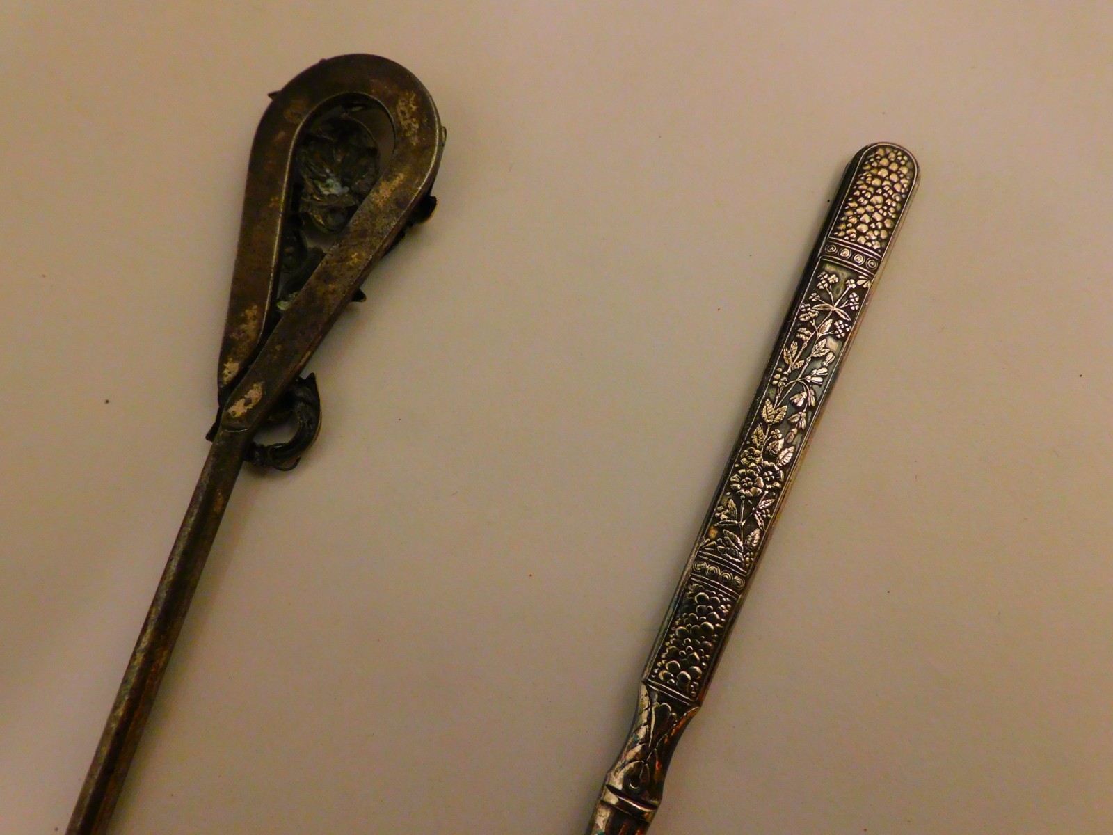 2 Vintage Metal Shoe Button or Glove Hooks Gargoyle & Etched Handles Unusual