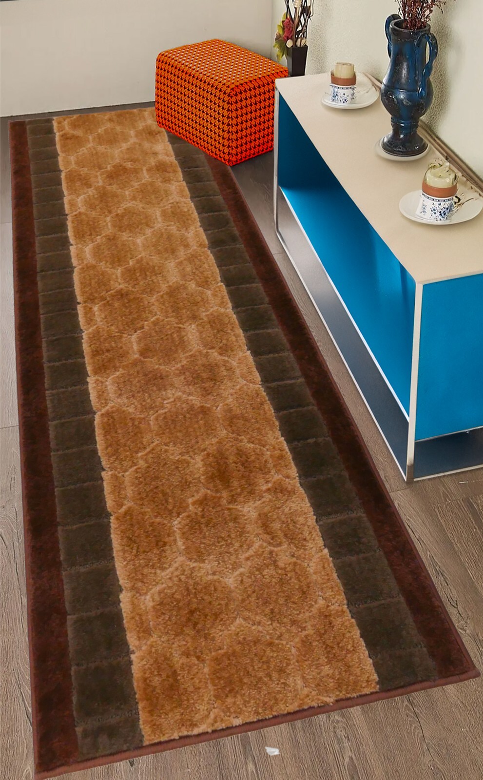 Custom Size Volley Brown Design Washable Non Slip Runner Rug 26"/30" Width