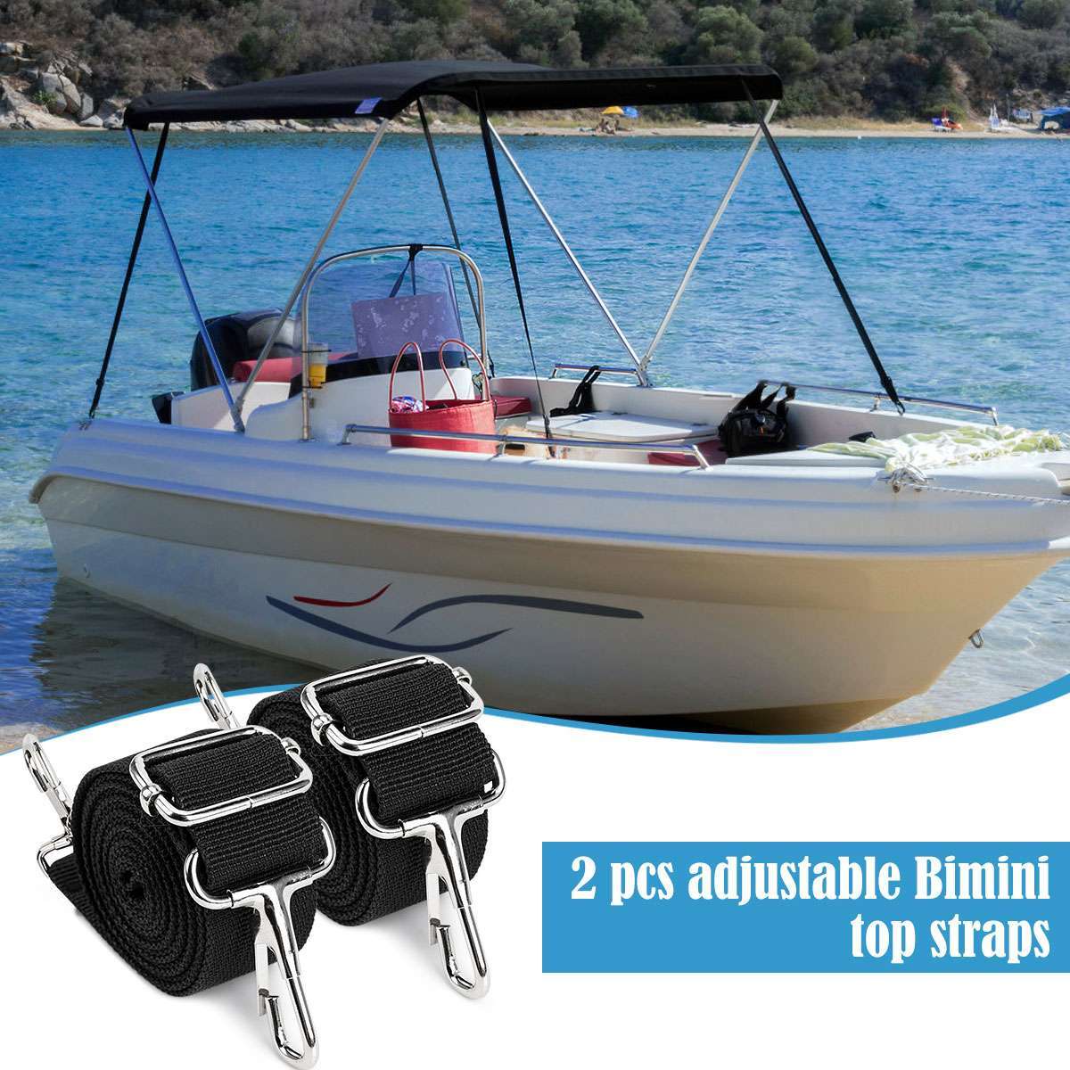 2x Adjustable for Bimini Boat Top Straps Loops & Snap Hook Stainless Steel