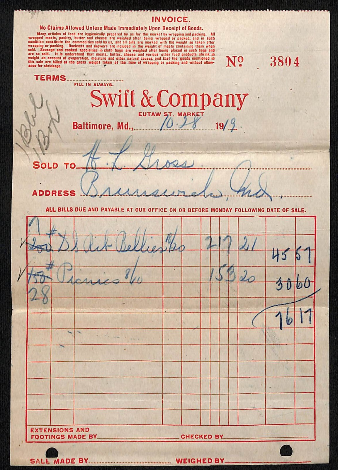 Swift & Company Baltimore 1919 Billhead / Invoice Rib Bellies No. 3804