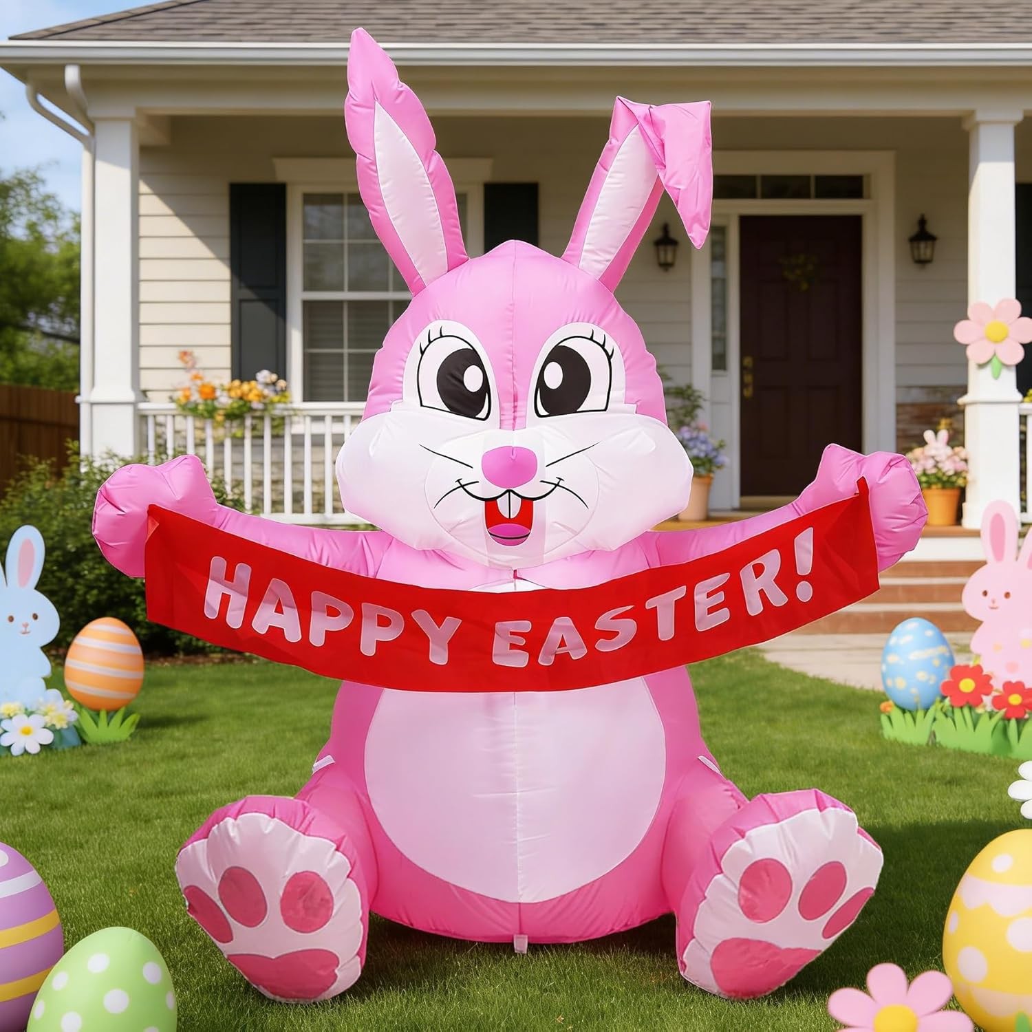 5 FT Easter Pink Bunny Inflatable Lighted Yard Decorations LED Blow up Rabbit