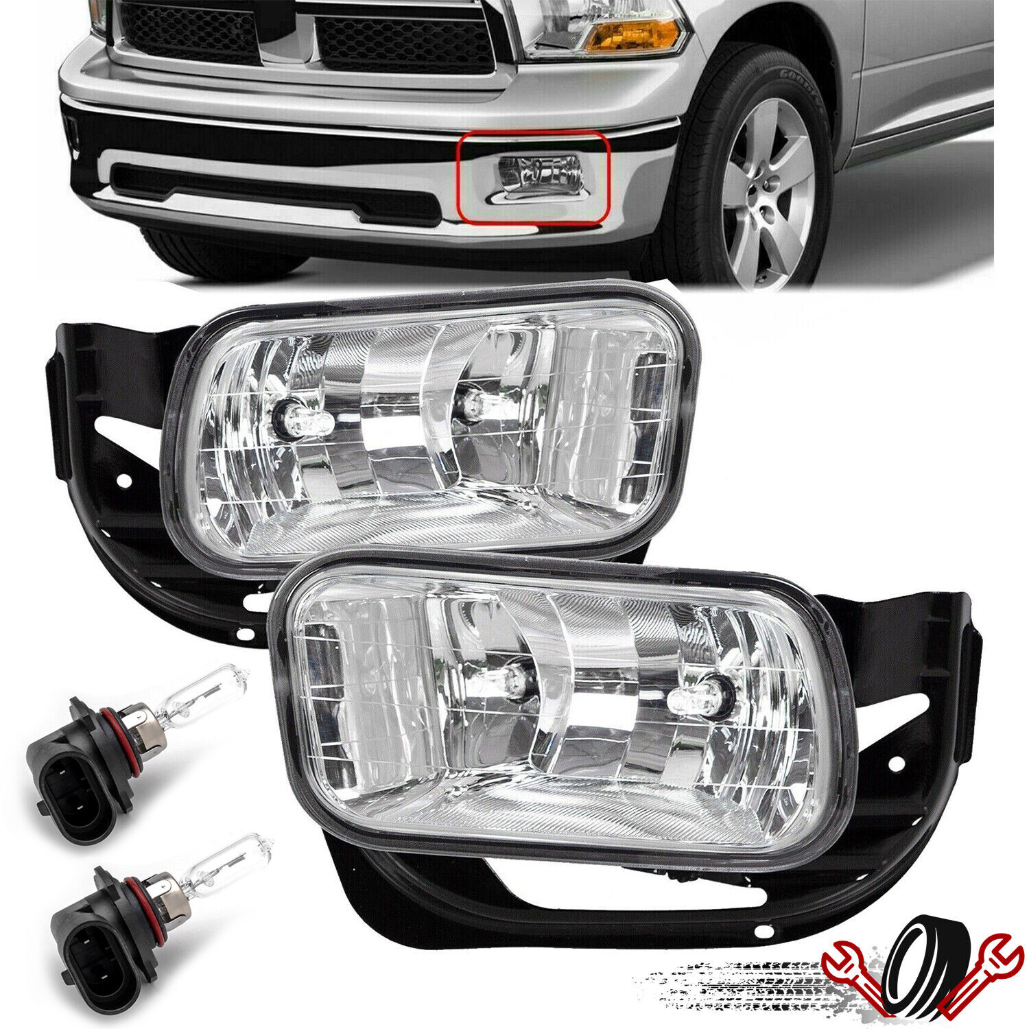 Front Fog Lights with Brackets For 2009-2012 Ram 1500 / 2010-2018 Ram 2500 3500