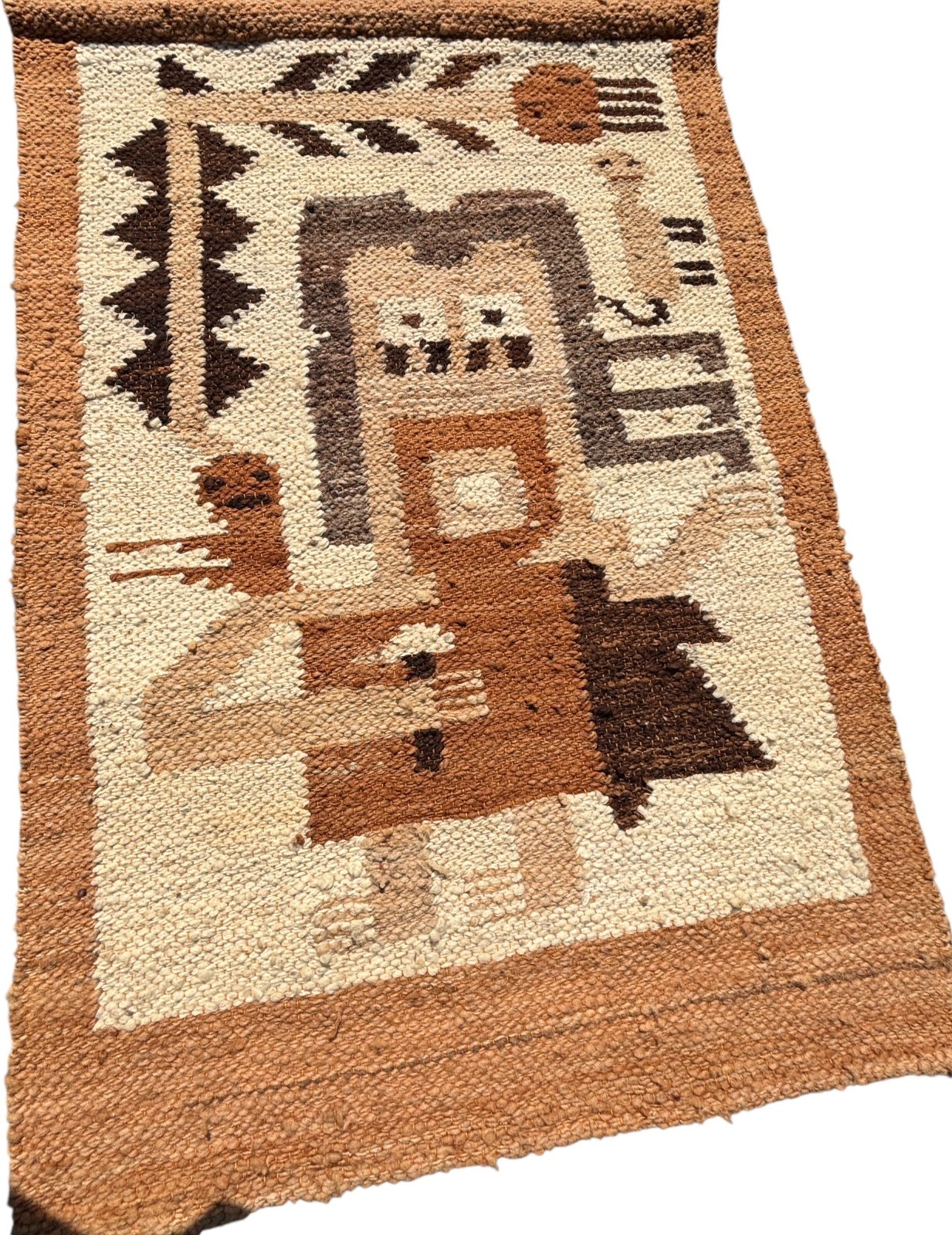 Vintage Peru 35 x 24 Hand Woven Wool Rug Tapestry Warrior Figure Peruvian