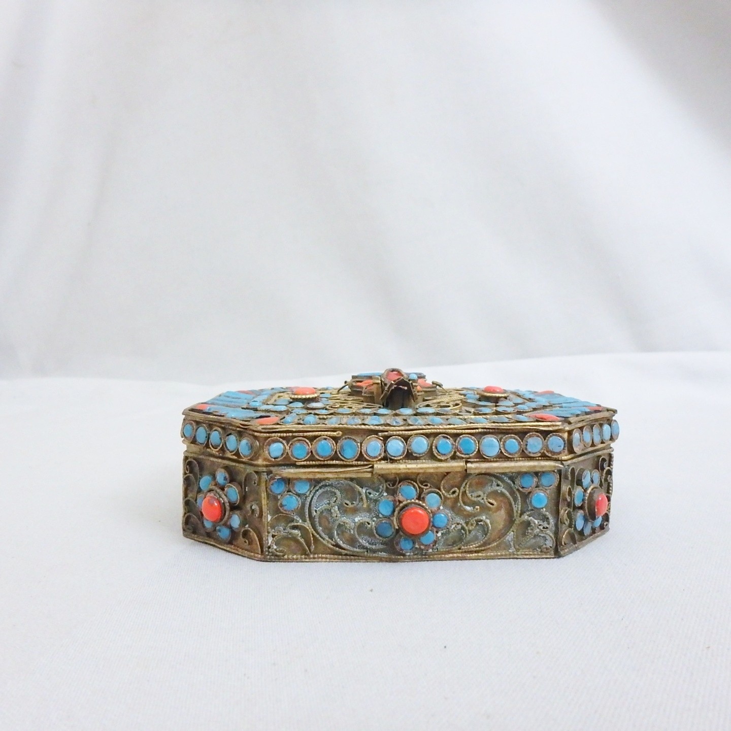 Antique Tibetan Gau, Prayer Box; Brass, Turquoise, Coral