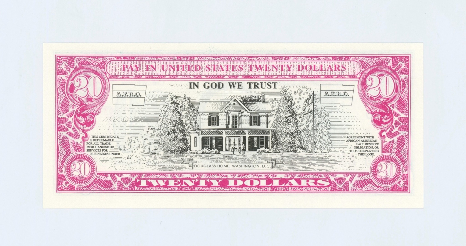 1980's $20 "AFRICAN AMERICAN FACE RESERVE OBLIGATION" (AFRO) Note CU