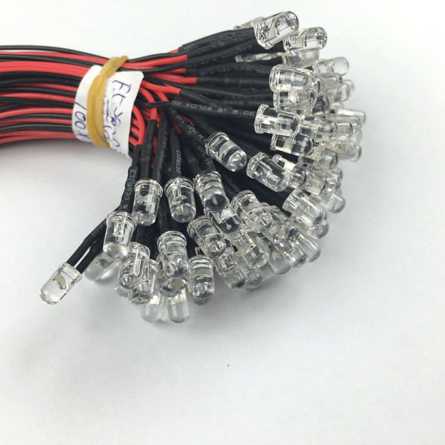 3V 5V 12V 5MM LED Diode Light Clear 20cm Cable Pre-Wired With Plastic Holder