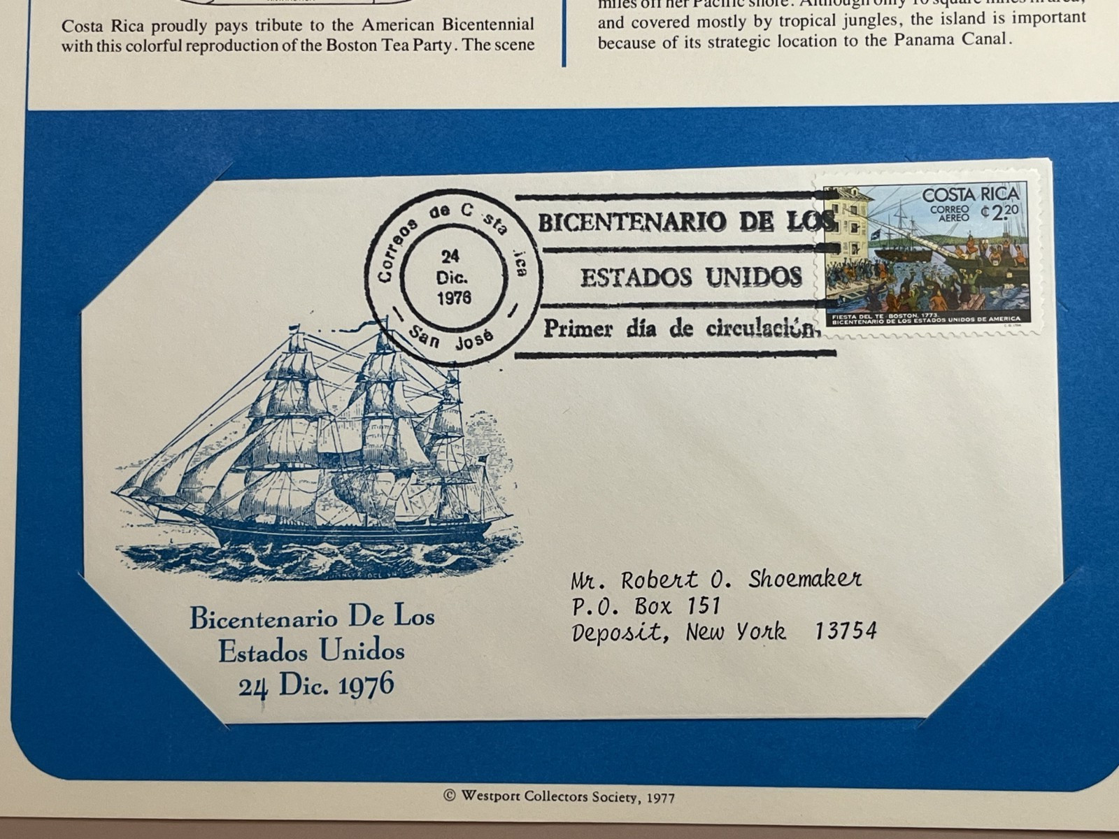 1976 International Tributes to America's Bicentennial History Costa Rica Cover