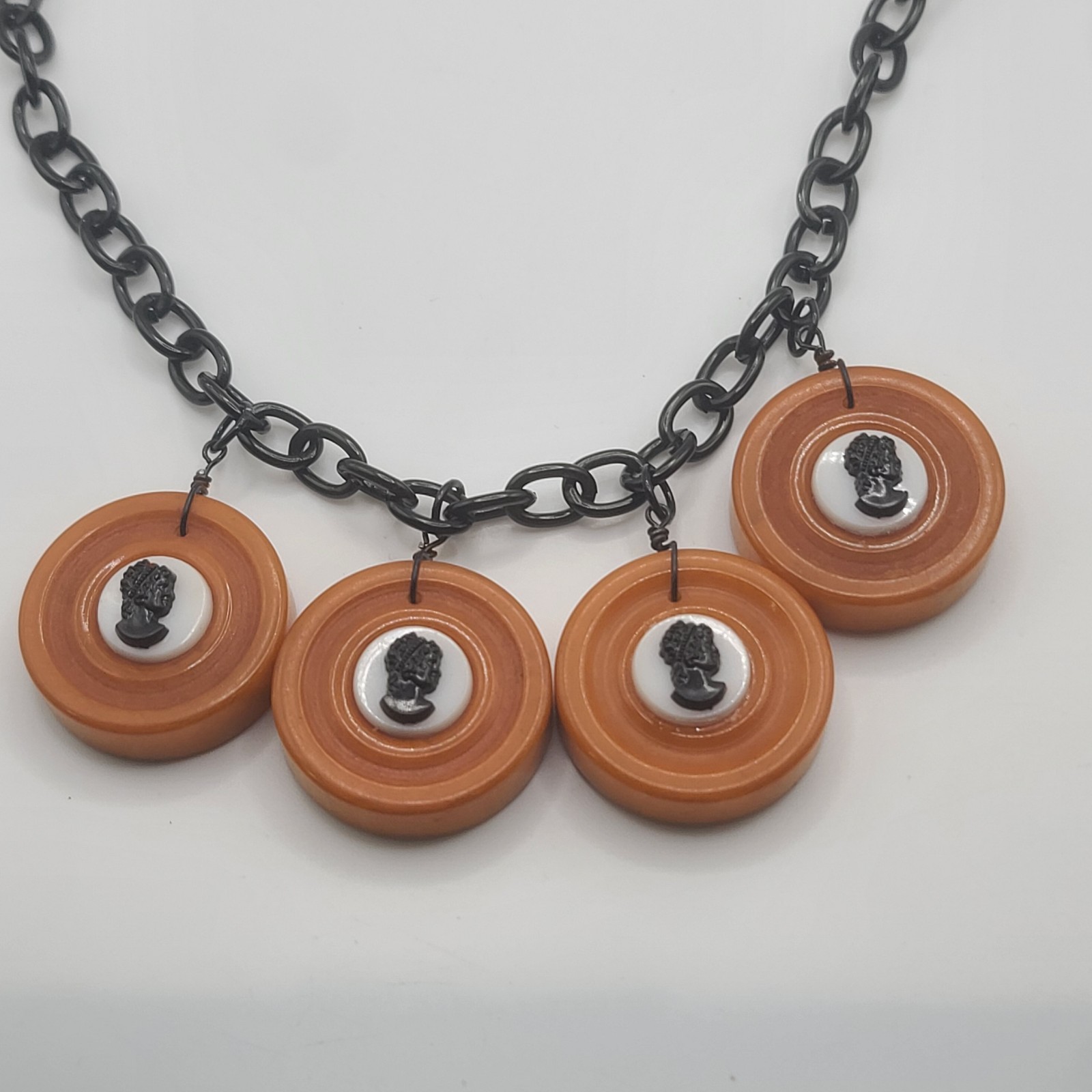 Vintage Bakelite Necklace Cameo Disc Butterscotch Black READ 24"