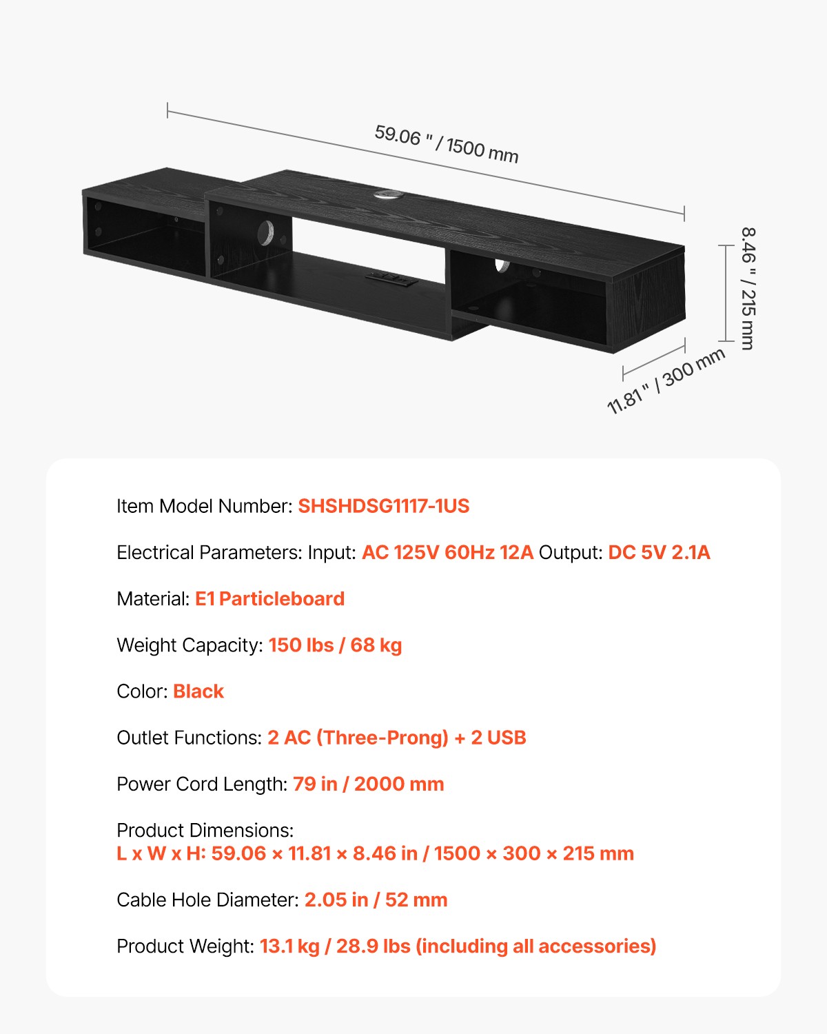Floating TV Stand 59" Entertainment Center Power Outlet & Cable Hole Black