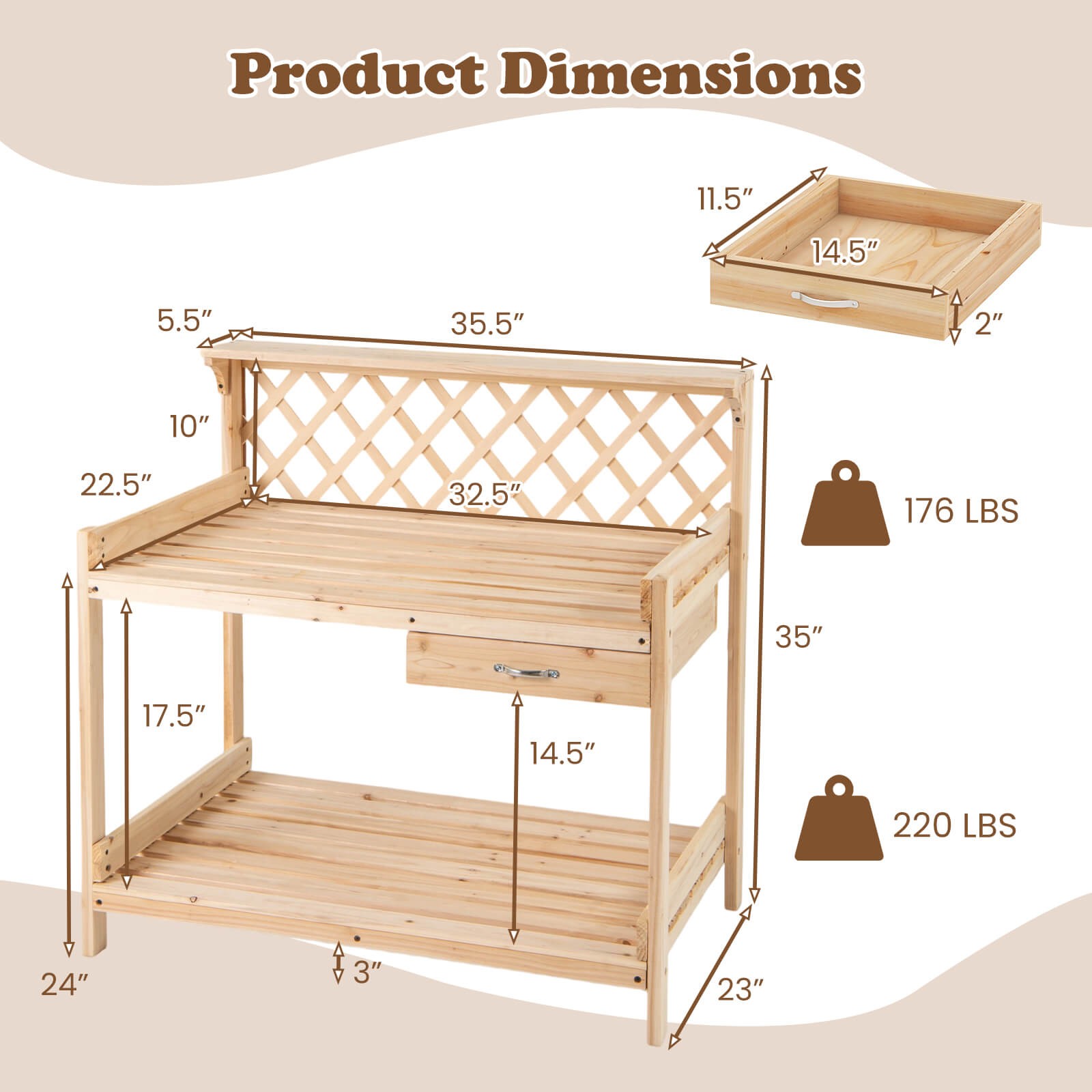 Garden Potting Bench Table w/Lattice Trellis Removable Drawer Top & Lower Shelf