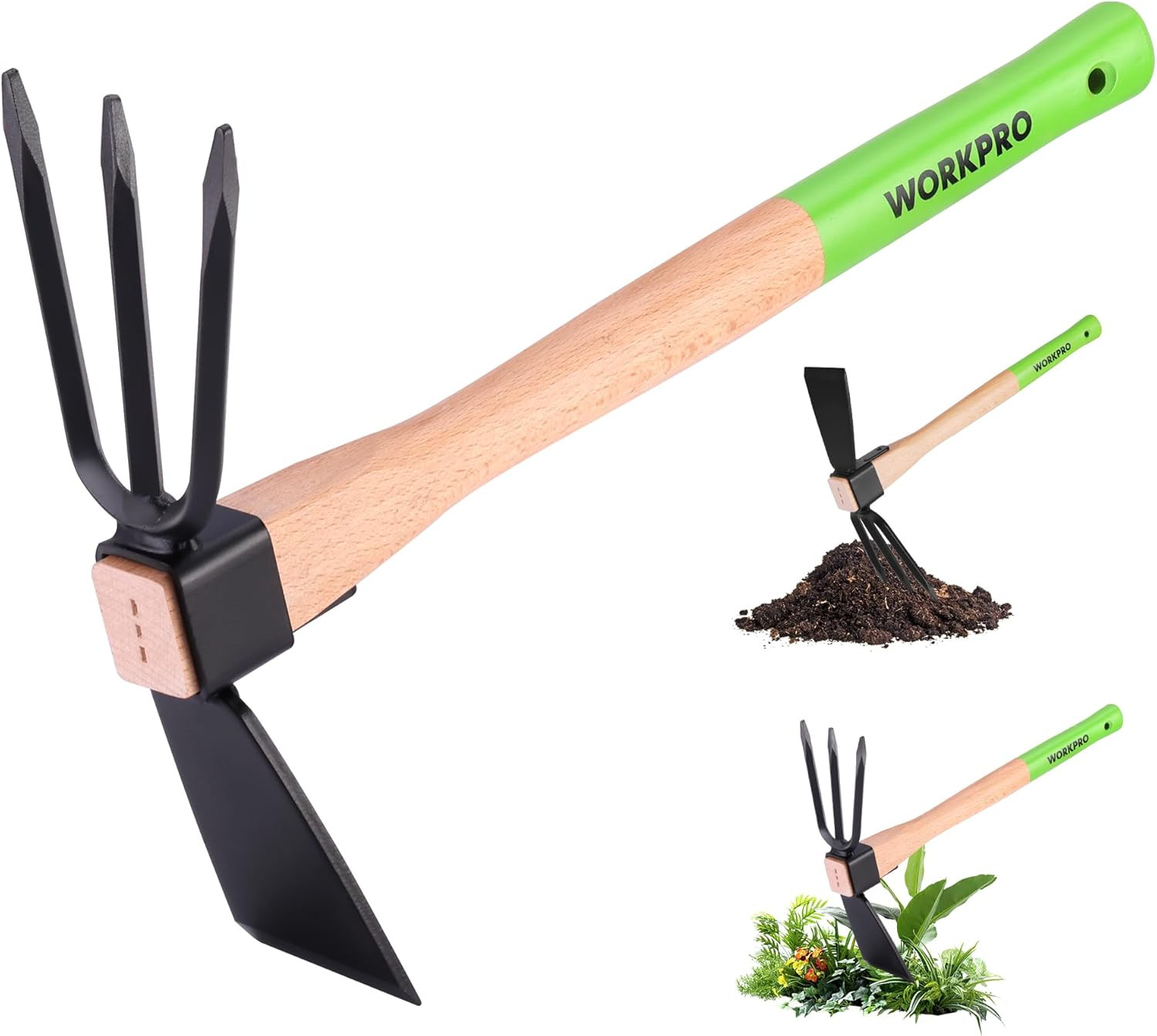 Hoe and Cultivator Garden Rake with 14" Wooden Handle, Sharp Hoe Blade & Sturdy