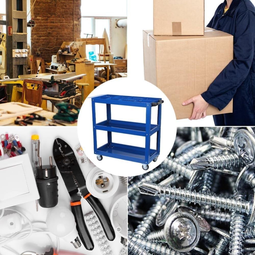 3 Tier Blue Rolling Mechanic Tool Cart on Wheels, 450 LBS Heavy Duty Steel