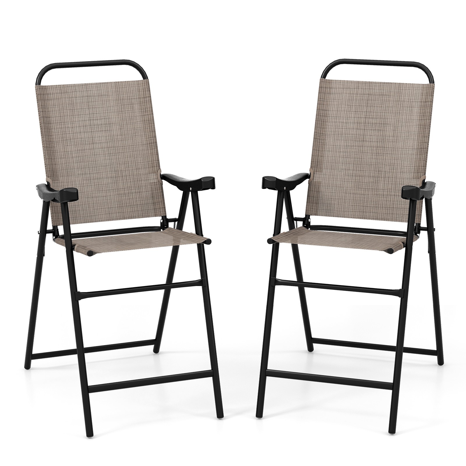 Patio 2 PCS Bar Chair Folding Bar Height Metal Frame w/ Footrest Garden Coffee