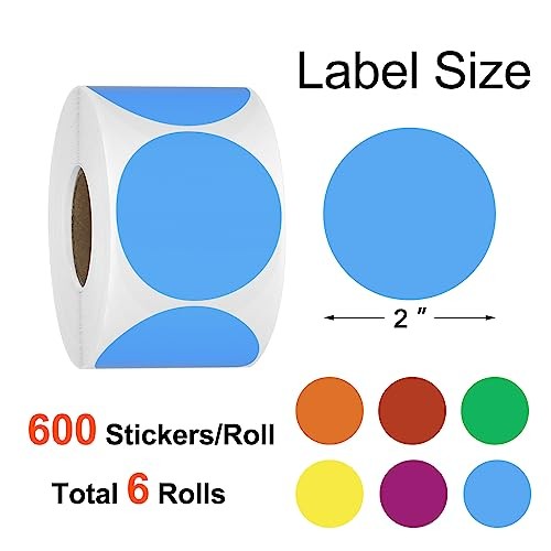 3600 Pcs 2" Round Color Coding Circle Dot Labels on 6 Rolls, 600 Count Each,